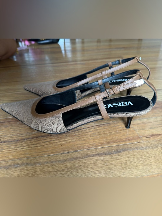 Versace Brown Logo-Jacquard Pointed Slingback Heels - Picture 7 of 7